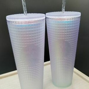 Two (2) Starbucks 2022 Spring Easter Soft Touch White Frosted Pearl Grid
